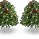 2 Set 30 Inch Christmas Urn Fillers, Outdoor Christmas Tree Pre-Lit LED Pre-Decorated with Pine Cones Red Berries Balls, Artificial Christmas Porch Decor for Yard, Garden, Pathway