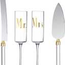 Boao 4 Pieces Wedding Toasting Flutes and Cake Server Set Wedding Reception Supplies Cylinder Champagne Glasses Cake Knife Pie Server(Gold)
