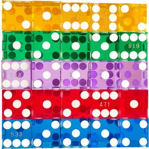 Yuanhe Grade AAA Precision 19mm Serialized Casino Craps Dice Set of 25 with Razor Edges and Corners-Multi-Color (Blue & Red & Purple & yellow & green)