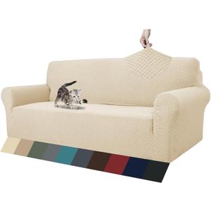 ZNSAYOTX 1 Piece Jacquard Couch Covers for 3 Cushion Couch Living Room High Stretch Sofa Cover Pets Dogs Friendly Anti Slip Thickened Slipcovers Furniture Protector (Sofa, Light Biege) (Large (71"-90"), Light Beige)