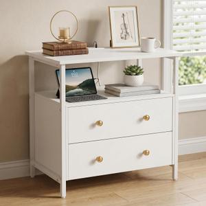 Edbuosy 27 inch Wide Night Stand with Charging Station, Bedside Table with Open Shelf, 2 Drawers Small Wood Dresser, Modern Wood Nightstand for Bedroom/Living Room (White)