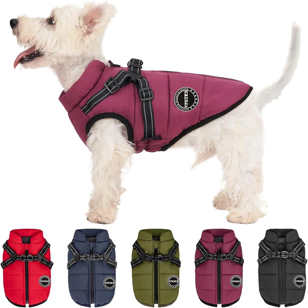Dog Winter Coat,Warm Dog Jacket Paded Fleece Pet Vest with Built in Harness,Windproof Reflective Cozy Adjustable Snow Pet Coat Clothes with Zipper for Small - Medium Dogs (Purple)