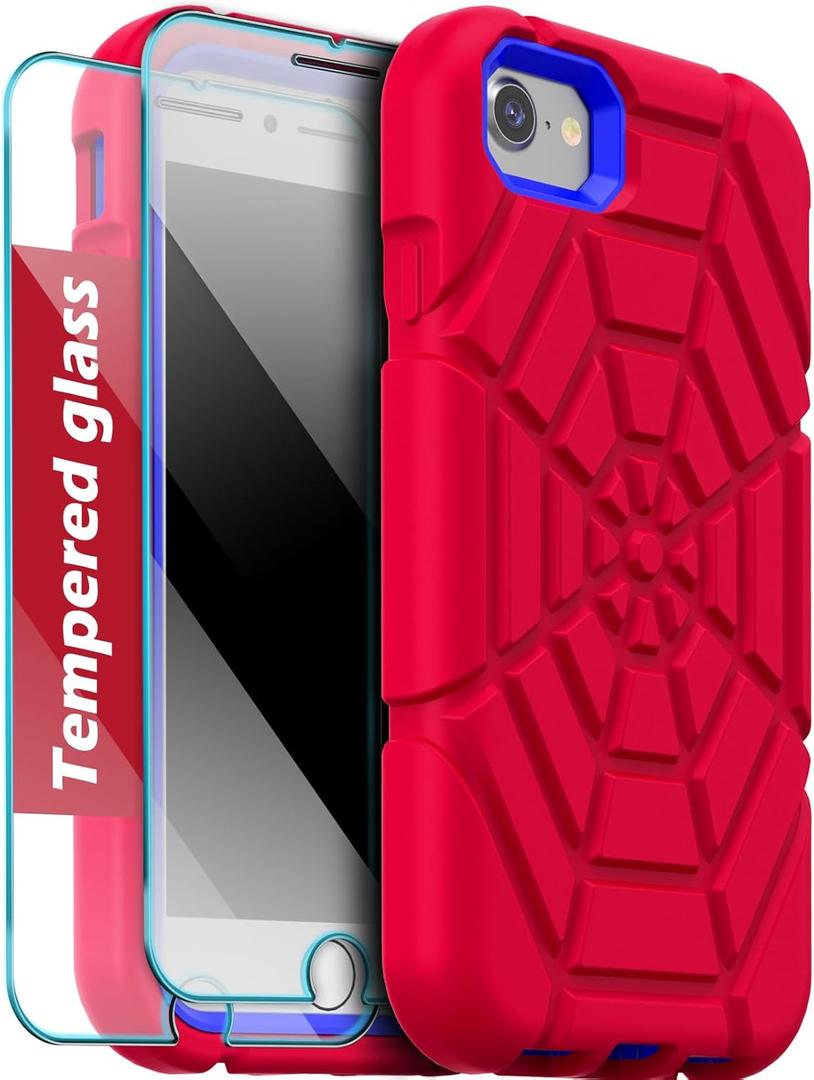 Grifobes for iPhone SE 2022/2020 Case, for iPhone 8/7 / 6 / 6S with [2Pack] Tempered Glass Screen Protector, Heavy Duty Shockproof Protective iPhone SE 3rd/2nd Generation Cover 4.7" Red+Blue