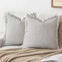 YEENAASY Throw Pillow Covers 16x16 Set of 2 Striped Fringe Pillow Cover Farmhouse Cushion Covers with Tassel Neutral Boho Pillows Decorative Square Pillowcase for Couch Sofa Bed, Black