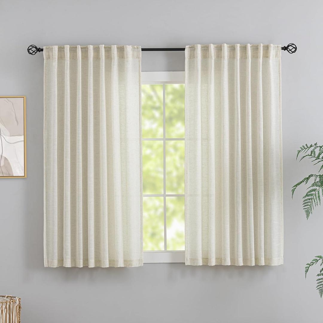 DONREN Flax Linen Curtains 72 Inch Length - Neutral Rustic Farmhouse Decor Back Tab Loop Light Filtering Semi Sheer Soft Woven Textured Curtains for Dining Room,Cream Colored,2 Panels,52" x72" (Natural)