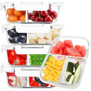 BAYZZ 5 Pack 35 Oz Glass Meal Prep Containers 3 Compartments, Glass Food Storage Containers, Lunch Bento Box with Airtight Lids, Microwave, Freezer & Dishwasher Safe, White