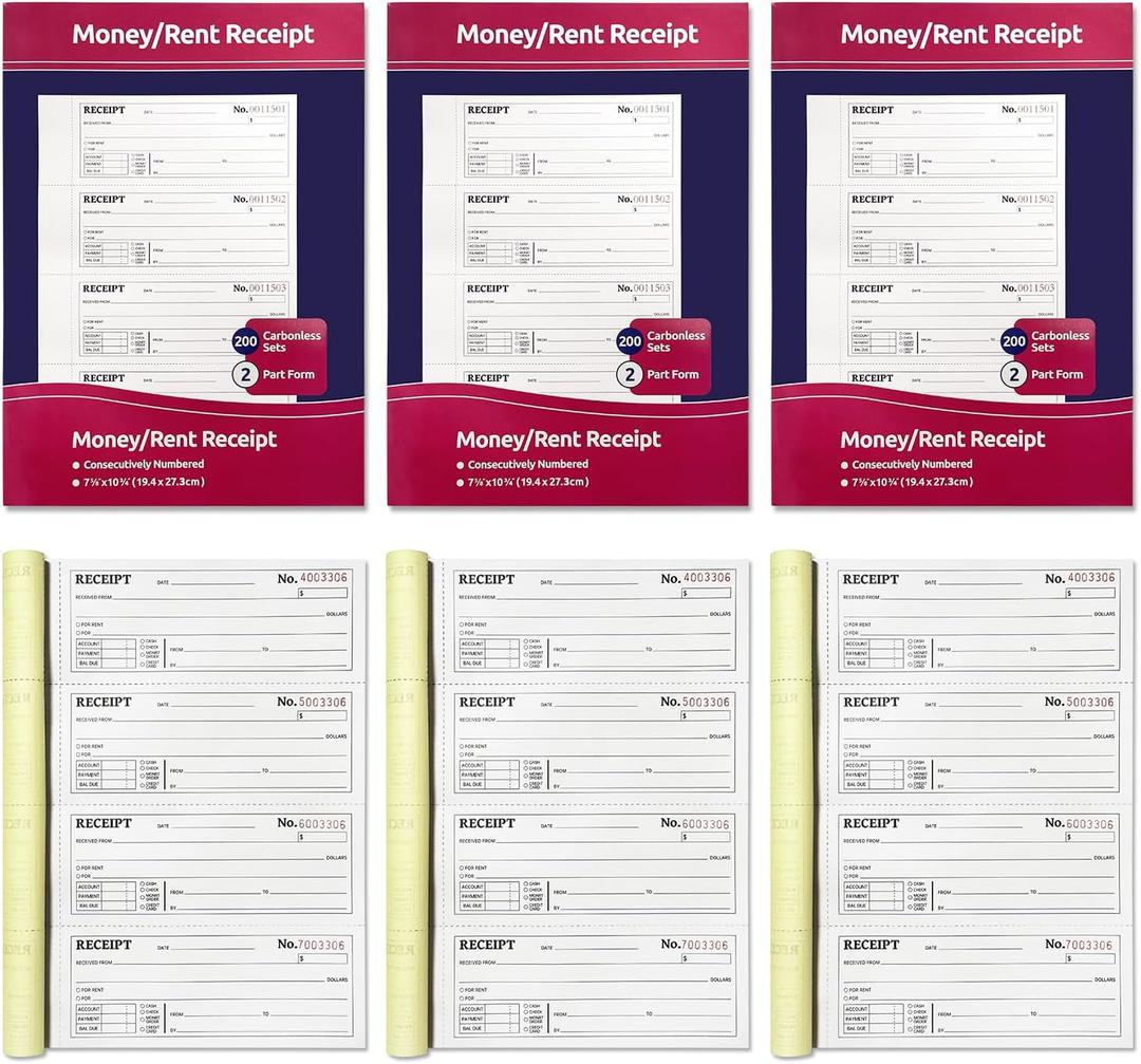 5 x 6-Pack Large Cash & Rent Receipt Books, Better Office Products, 2-Part Carbonless (White/Canary Yellow), 7-5/8" x 10-3/4", 200 Sets per Book, 1200 Total Sets