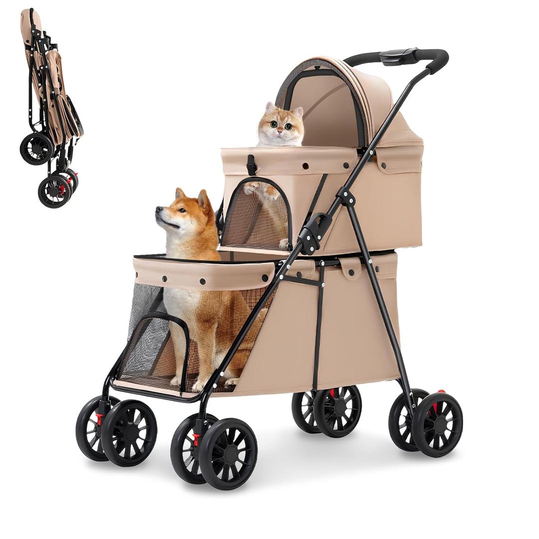 Double Pet Stroller for Medium Small Dogs and Cats with 2 Carriage, Durable Universal Wheels with Brakes Lightweight One Hand Foldale Kittens Puppies Travel Strolling Cart (Brown)