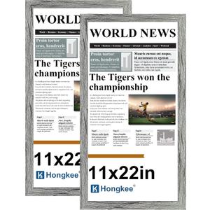 Hongkee 11x22 Newspaper Frame 2 Packs, Real Glass and Grey Wood Frame, Display Panoramic 11 x 22 Magazine Frames - Horizontal or Vertical Wall Mounting