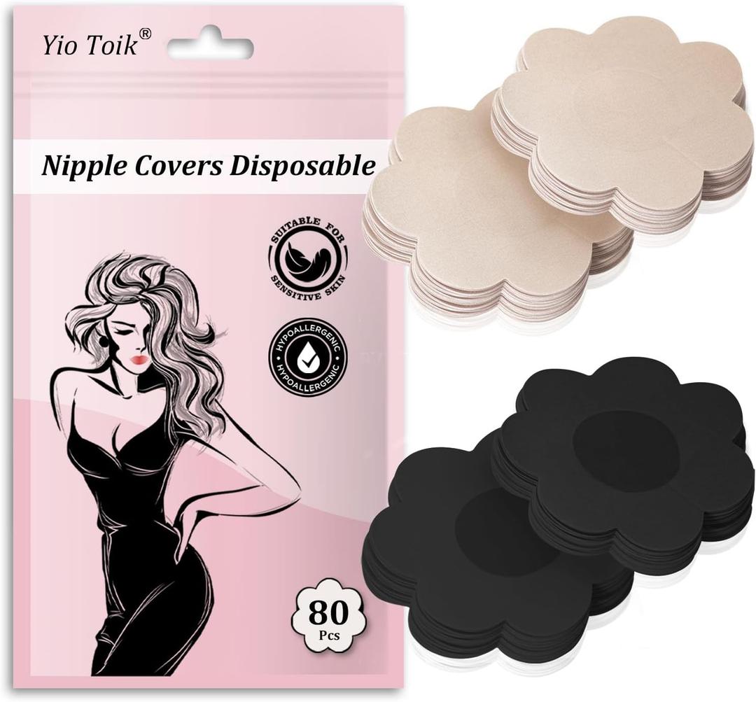 80 Pcs Nipple Covers No-Show Disposable Nipple Pasties For Women Hypoallergenic Satin Breast Petals Stickers (Nude/Black)