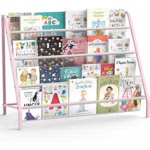 Trieez High-Transparent 4 Tier Kids Bookshelf, Sturdy Metal Large Size Book Rack Storage for Kids - Toddler Book Shelf Display for Nursery, Kids Room, Deep Size Bookshelf Hold More Books, Pink, 32''L x 15.2''W x 25 ''H