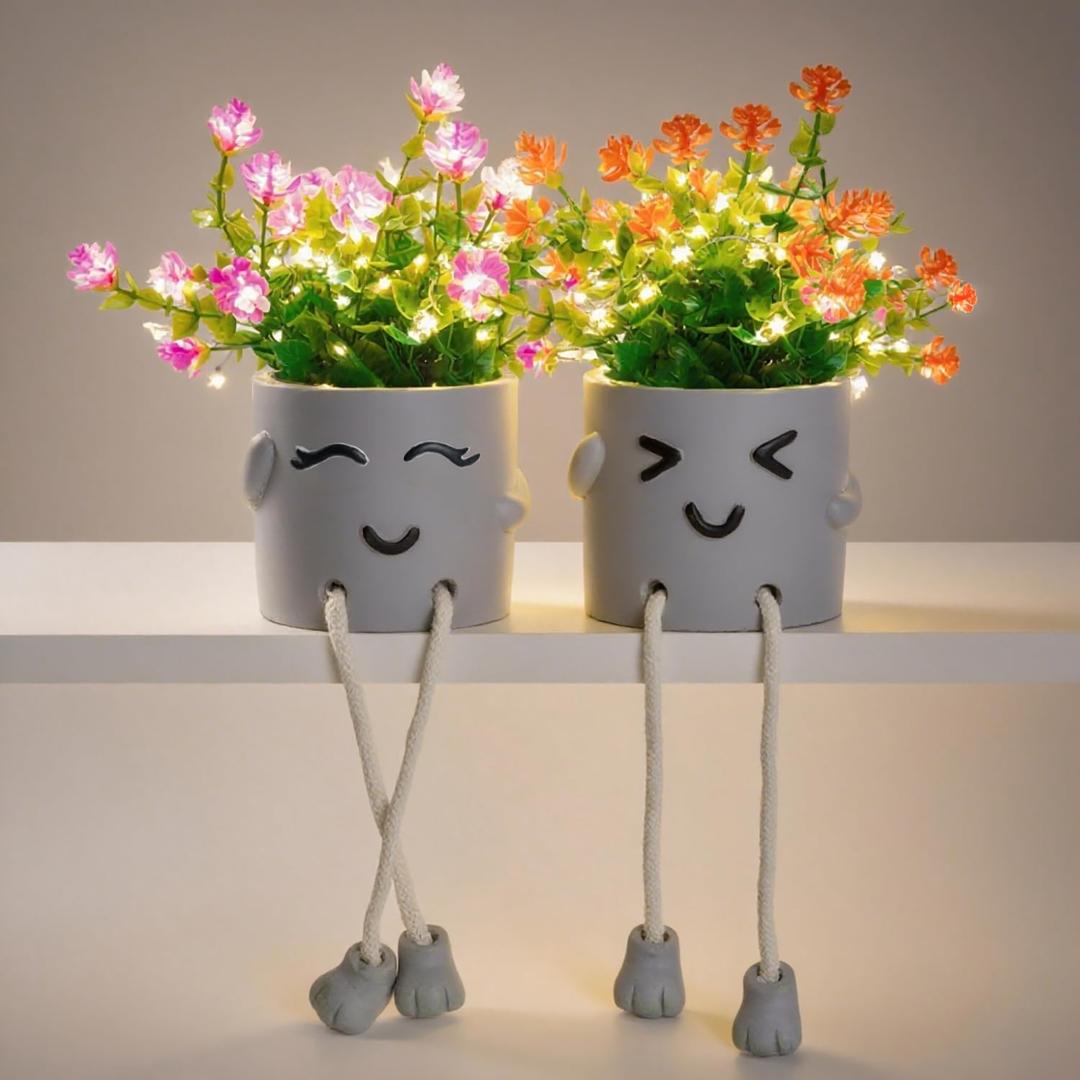 Cute Fake Plants, Flower Pots with String Lights, Fake Plants Artificial for Desk Dcor, Office Decor for Women, Shelf Decor for Gift, Bathroom Decoration, Window Sill Decor (Z-color-202)