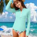 Girls Rash Guard Swimsuit Half-Zip Long Sleeve Modest Bathing Suit with Chest Padding 2Pcs Teen Girl Swimwear UPF 50+ (Blue, S)