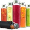 Chef's Star 18 Oz Clear Glass Water Bottles, Reusable Glass Juicing Bottles with Protection Sleeve and Stainless Steel Leak Proof Lids, Set of 6