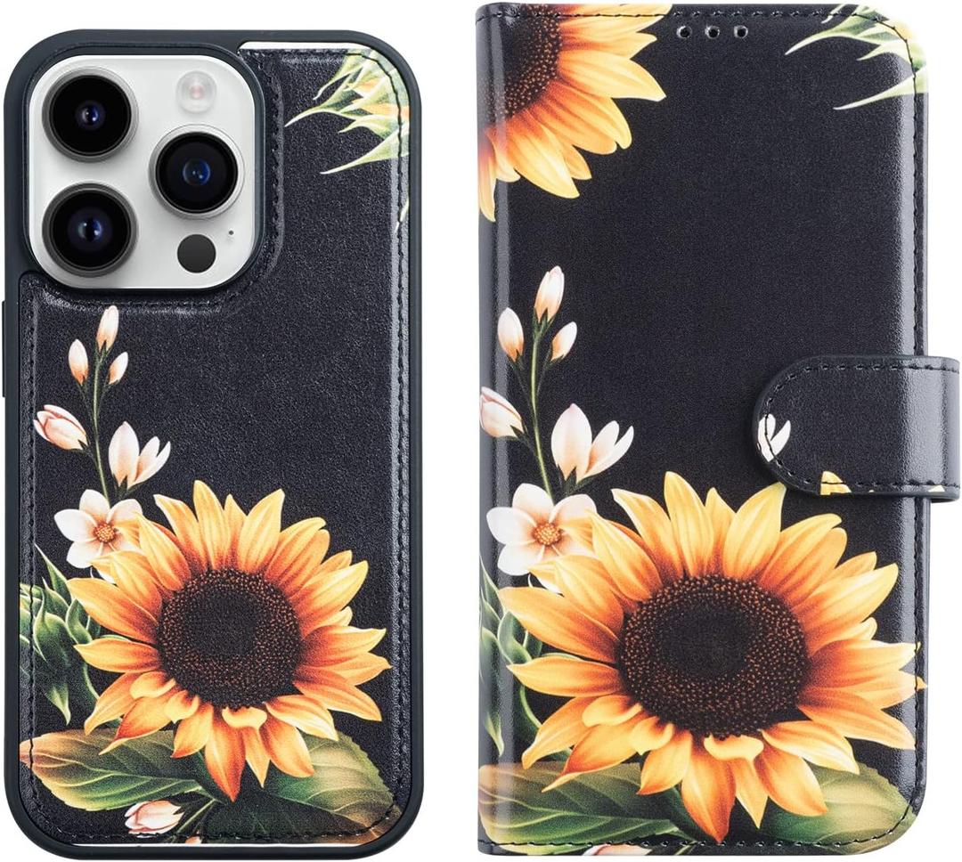 LUMARKE Designed for iPhone 13 Pro Wallet Case - Detachable Flip Folio Cover - RFID Blocking 4 Card Slots Holder - Premium Leather Magnetic Kickstand - Protective Phone Case 6.1", Sunflowers