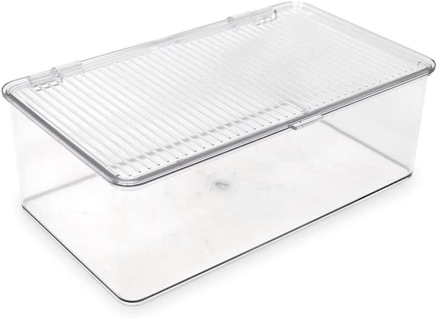 Isaac Jacobs Medium Stackable Organizer Bin (10.75x6.5x3.7) w/ Hinged Lid, Clear Storage Box, Home, Office, School, Fridge, Bathroom, Kitchen, Pantry Container, BPA-Free, Food Safe (Medium, Clear)