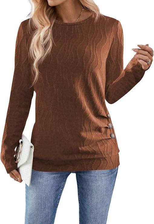 Samefar Womens Long Sleeve T Shirts Crewneck Fall Fashion 2025 Basic Business Casual Tops Tunics Clothing, Brown Large