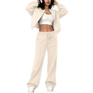 LovelyWholesale Women Sweatsuits 2 Piece Set Zip Up Sweatshirt and Wild Leg Sweatpants Set Apricot, Size: Small