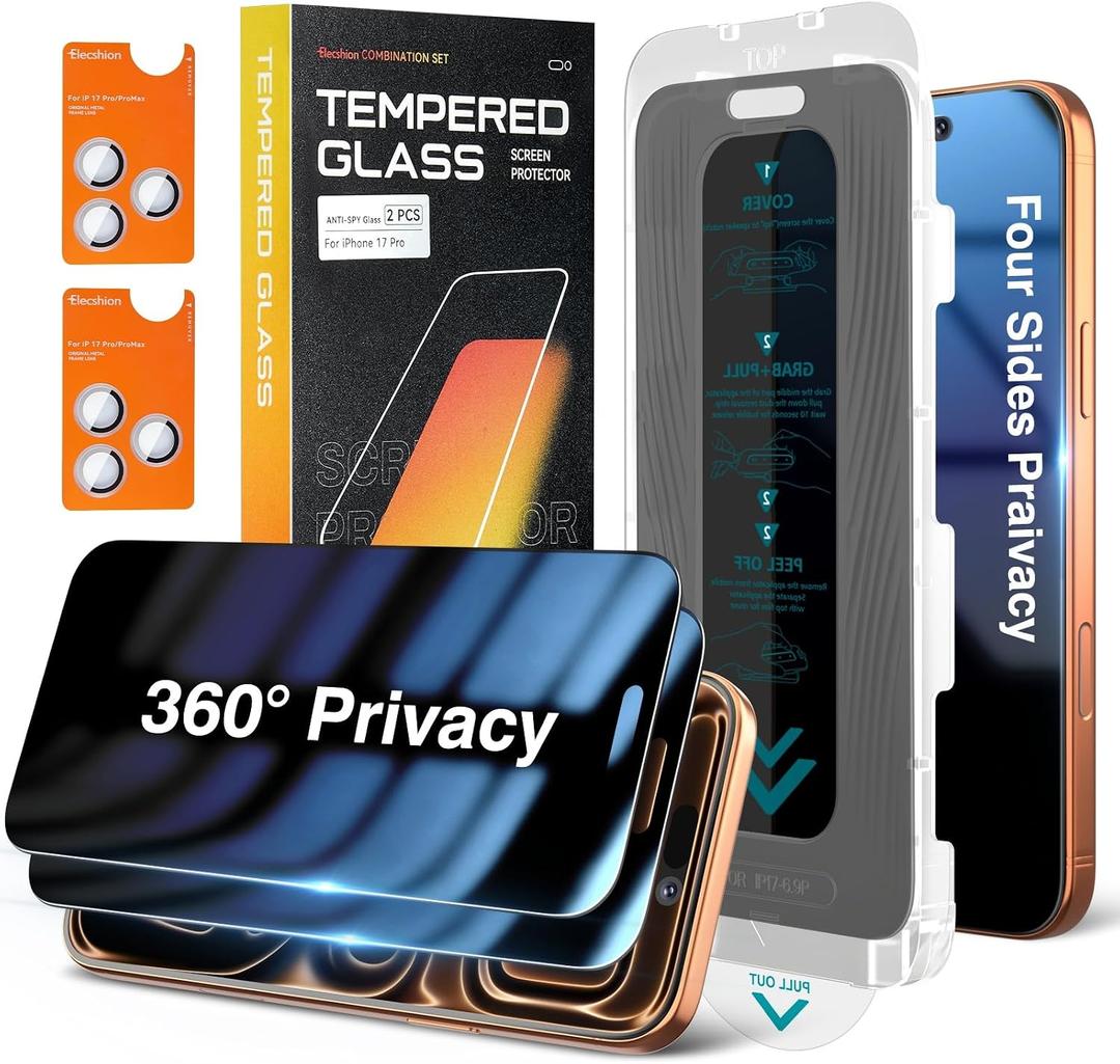 Elecshion 4 Way 360° Anti Spy for iPhone 17 Pro Privacy Screen Protector + Camera Lens Protector (2+2), Auto-Align Kit, 10X Military Shatterproof Anti Peep Tempered Glass Film for 17 Pro