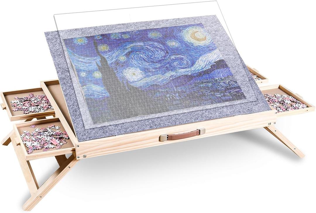 1500 Piece Jigsaw Puzzle Table with Drawers - 34 X 25 - Wooden Puzzle Table with Cover | 3-Tilting-Angle Adjustable & 4 Drawers - Portable and Felted Anti-Slip Surface