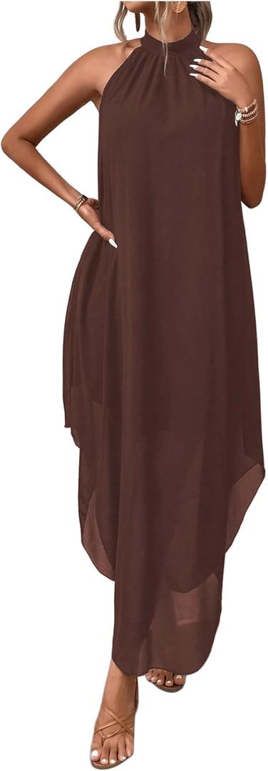 Verdusa Women's Wedding Guest Dress Halter Flowy Chiffon Asymmetrical Long Summer Prom Dress, Large