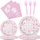 96PCS Pink Silver Disco Party Plates Napkins Disco Birthday Decoration 70s Theme Disposable Paper Cake Tableware Serve 24 Guests Women Girls Baby Shower Bachelorette Wedding Birthday Party Favor