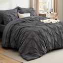 Bedsure Queen Comforter Set Beige - Bed in a Bag Queen Size 7 Pieces, GentleSoft Pintuck Bed Set Gift for Family, Pinch Pleat Beige Comforter with Sheets, Pillowcases & Shams (06 - Dark Gray)