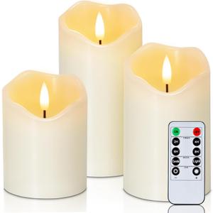 Homemory Flickering Flameless Candles, Realistic LED Candles with Remote and Timer, Real Wax Battery Operated Candles, Set of 3, Ivory (D3"x4"5"6")