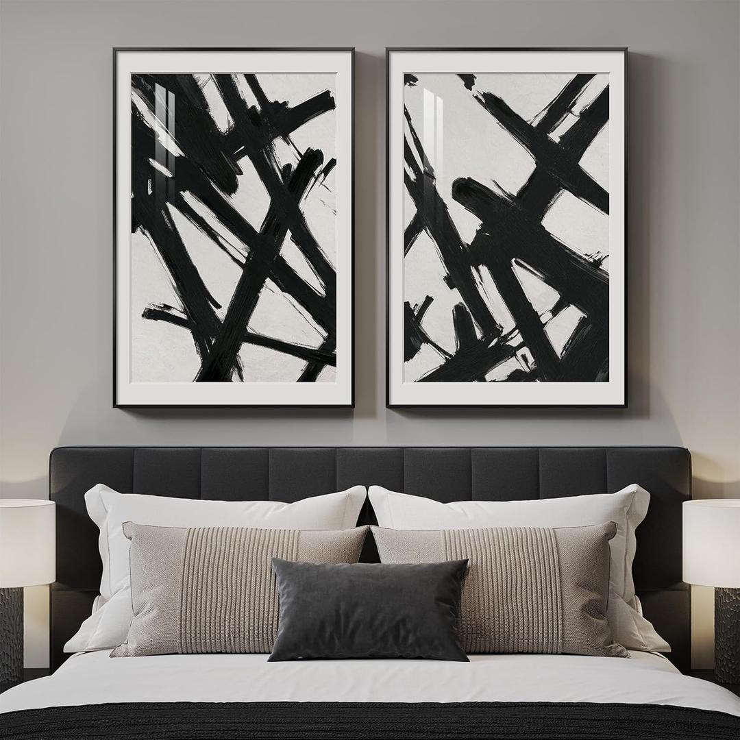 Large Framed Modern Black and White Wall Art for Bedroom, 2 Piece Minimalist Abstract Line Print Paintings, Bright Style Pictures Artwork Decor for Living Room Dining Room Hallway, 24x36 Inch