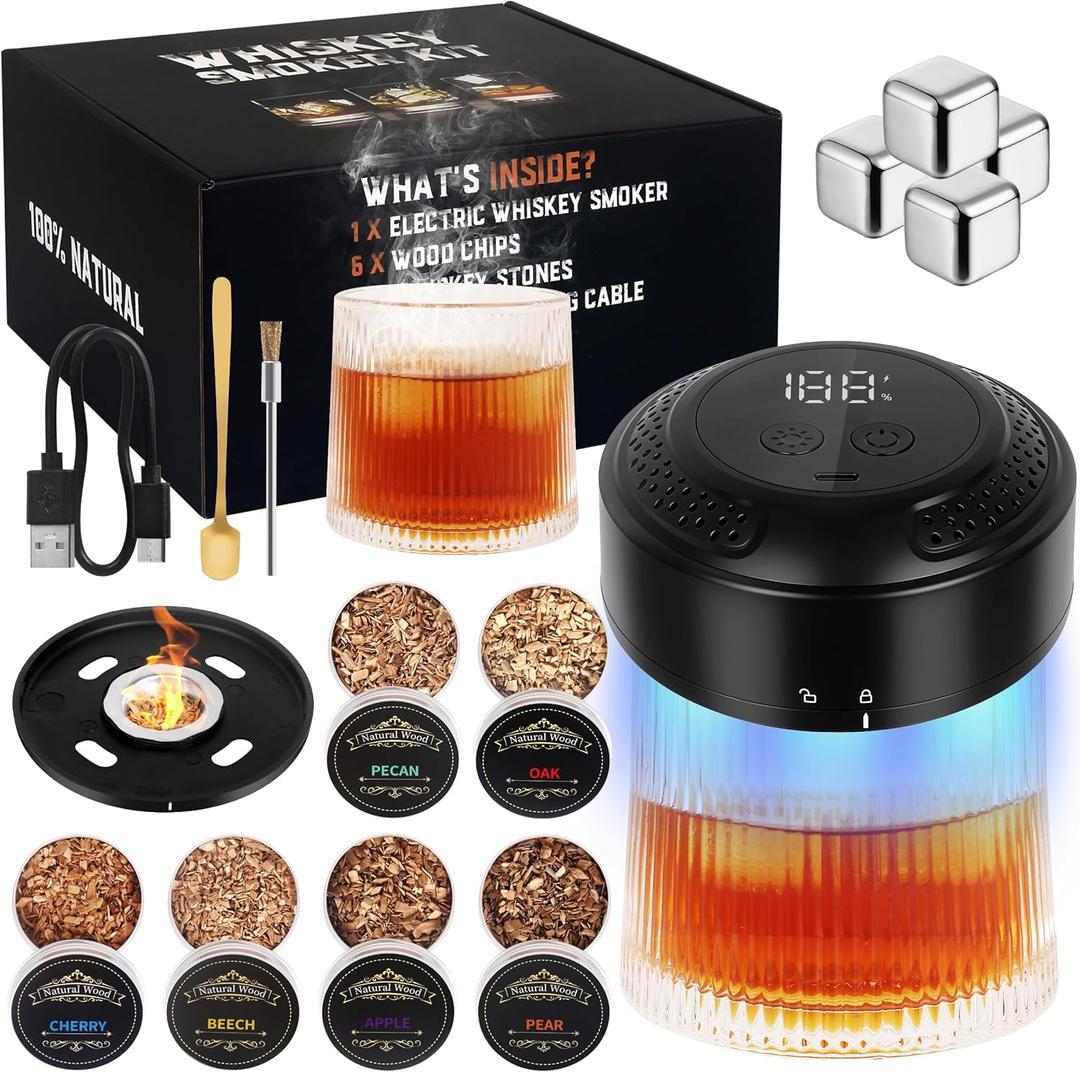 Electric Whiskey Smoker Kit, Cocktail Smoker Kit with 6 Wood Chips & 2 Glasses & 4 Whiskey Stones, RGB LED Light Whiskey Gifts Birthday Gift for Man, Husband, Father, Whiskey Lovers, Black