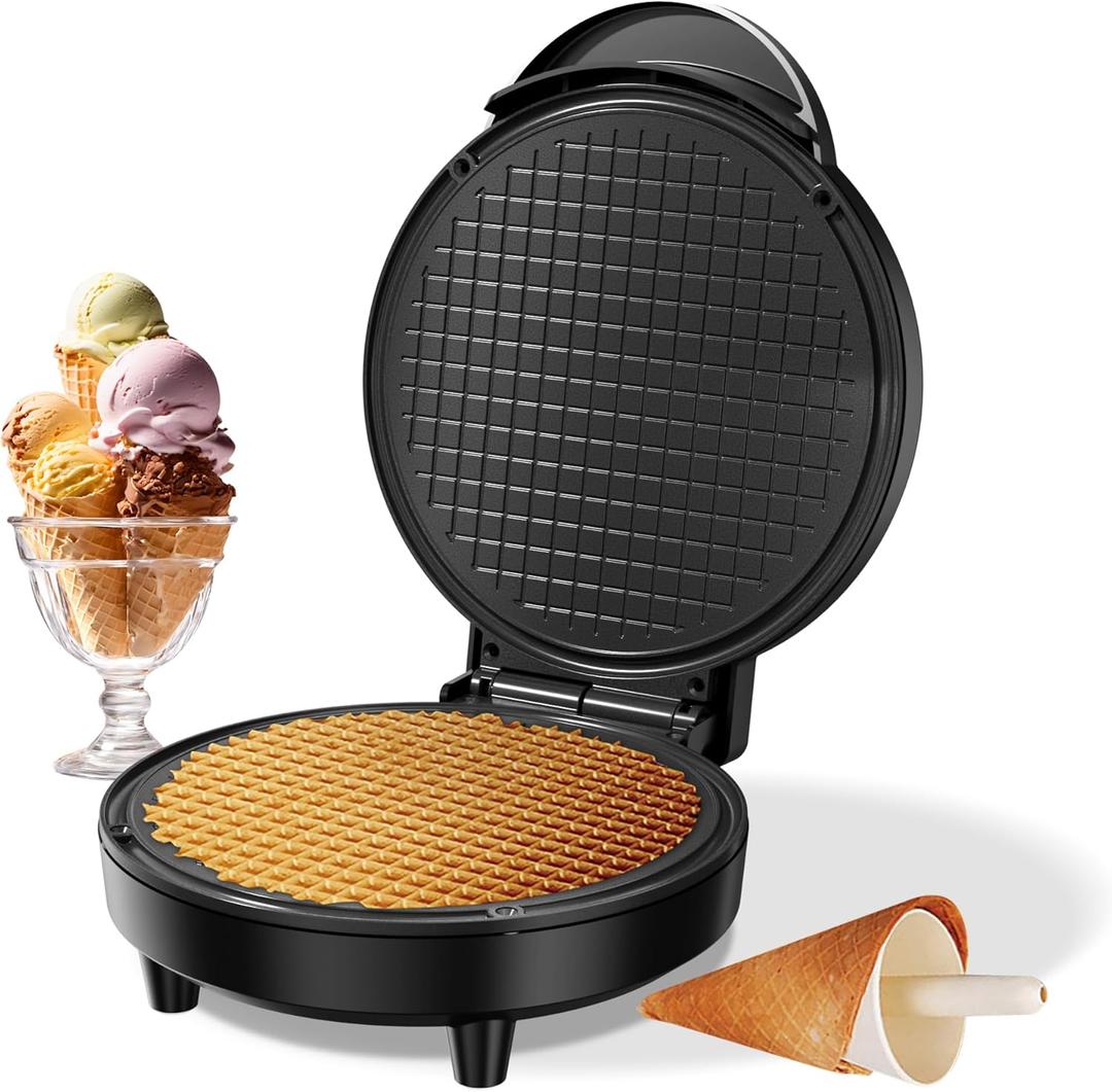 Waffle Cone Maker, 750W Thin Waffle Maker (Ice Cream Cone) with Shaper Roller, 7.08" Nonstick Plate