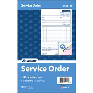 Adams Service Order Form, 3 Part, Carbonless, 5 2/3"X9" Inches, 250 Sets per Pack (3-584)