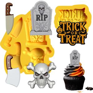 Halloween tombstones and Skull Silicone Mold for Candy and Chocolate 3D Set 2 pcs Skulls, Knives, Tombstone, Trick or Treat Phrase Halloween silicone molds perfect for Spooky Cupcake Toppers.