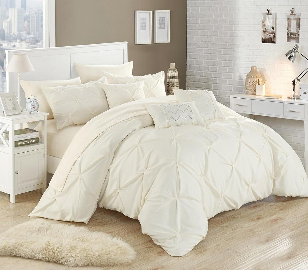 Chic Home 10 Piece Hannah Pinch Pleated, Ruffled and Pleated Complete King Bed in a Bag Comforter Set Beige with Sheet Set