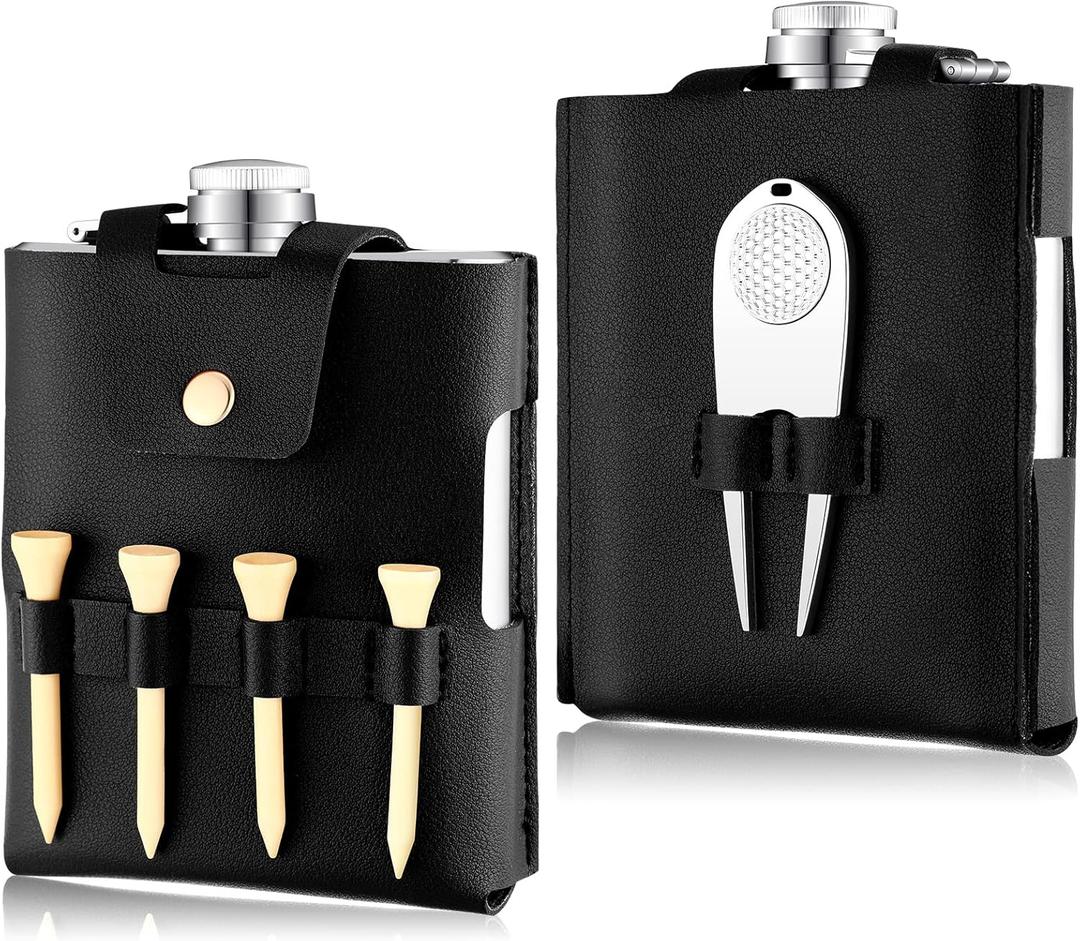 Remerry Golf Flask Gift Set 7 oz Stainless Steel Flask with Leather Case Golf Accessories for Men and Women Includes Drinking Bottle Divot Tool Ball Marker and 4 ball Tees (Black)