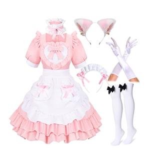 Japanese Anime Classic Sissy Maid Sweet Kawaii Heart Costume Dress Cosplay Furry Cat Ear Gloves Socks Set Pink 3XL