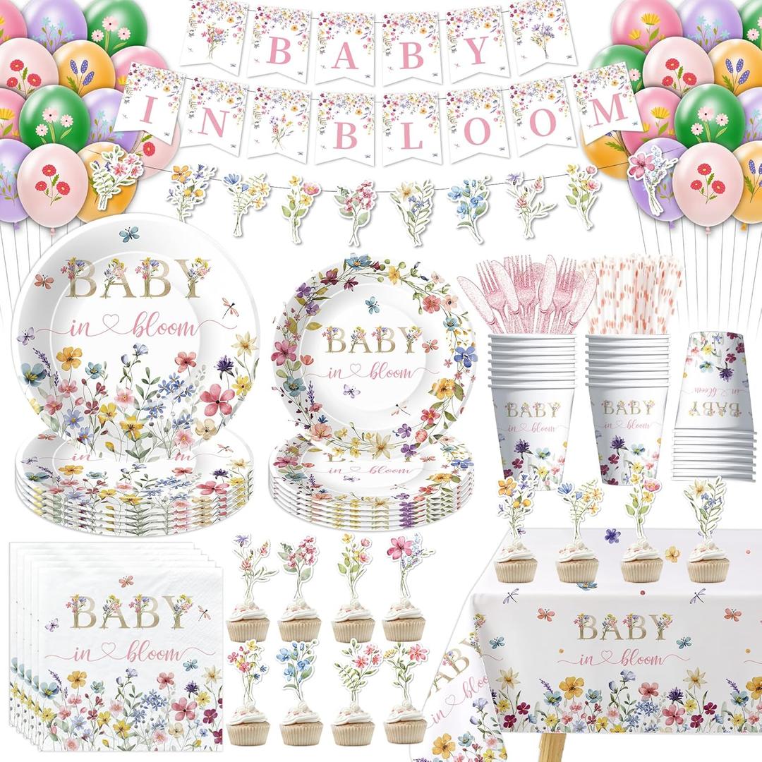 Srua Don Floral Baby Shower Decorations for Girl, Wild Flower Baby in Bloom Party Supplies, Paper Plate, Cup, Napkin, Tablecloth, Balloon, Cutlery, Garland Banner, Cupcake Toppers, Serves 24