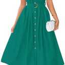 ZESICA Women's 2025 Summer Boho Button Midi Dresses Casual V Neck Flutter Sleeve Belted Long Dresses with Pockets, Dark Green, Large