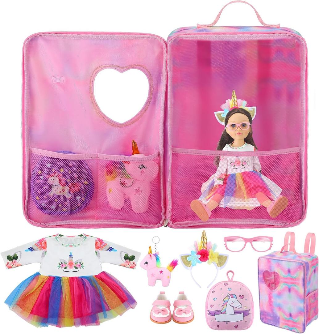 Wettarn 18 Inch Doll Carrier Set with Clothes and Accessories Including Doll Travel Bag, Dress, Shoes, Sunglasses, Backpack and Unicorn for Unicorn Birthday Gift(Pink)