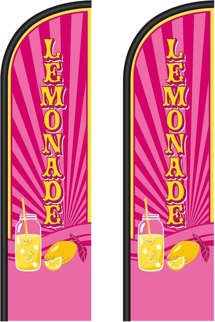 2 Pcs Lemonade Sign Feather Flag for Business 12 x 2.5ft Windless Lemonade Banner Swooper Flag for Summer Outdoor Business Food Advertising, Pole Not Included(Pink)