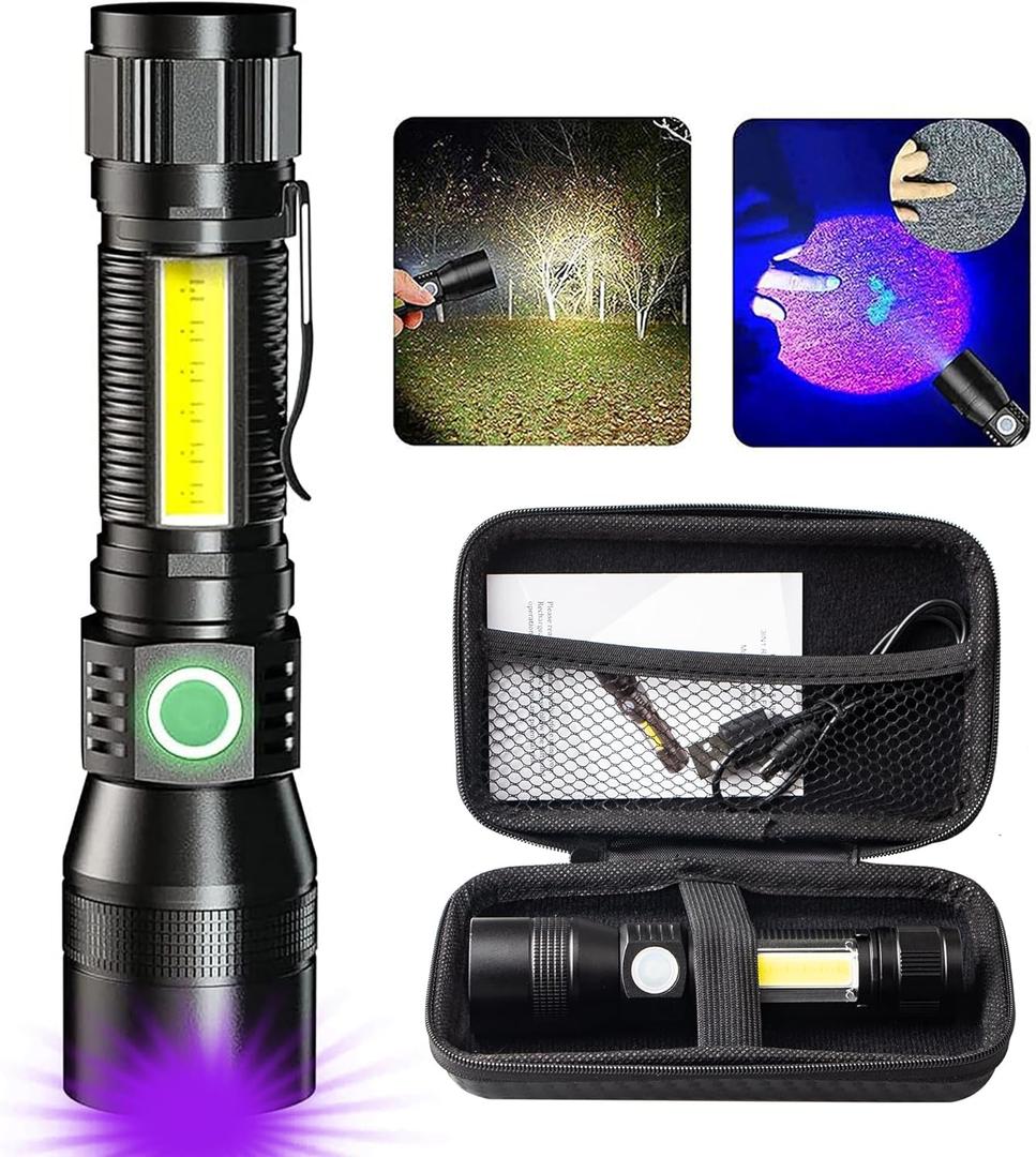 AdamStar Black Light Flashlight, 3 in-1 Rechargeable Flashlights, UV Light Magnetic LED Flashlight High Lumens, 7 Mode Camping Waterproof Flashlight for Pet Urine Detection, Include Case