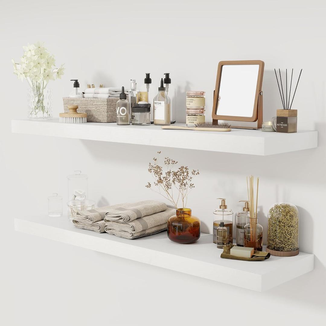 Fun Memories 48inch Floating Shelves, 12" Deep Wall Shelves for Storage and Home Decor, White Wall Shelves for Living Room Bedroom Bathroom Kitchen Laundry Room, Set of 2, 48"W x 12"D, 2 Pack