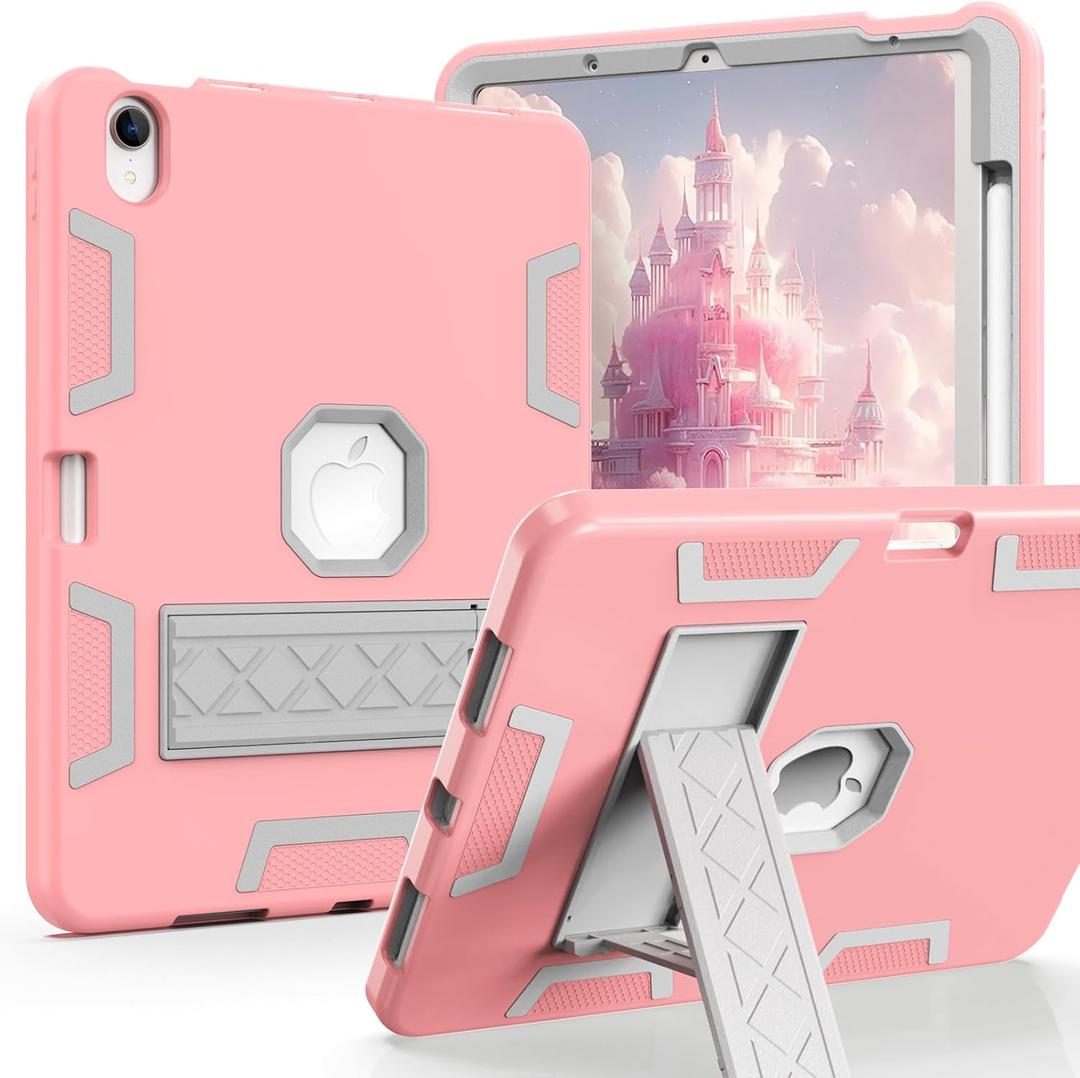 for iPad Air 11 Inch Case M2 (2024), 10.9 Inch Pink/Gray Slim Heavy Duty Shockproof Rugged Protective Case with Pencil Holder