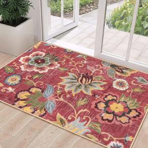 Beeiva Floral 3x5 Washable Rug Non Slip, Red Small Vintage Washable Rugs for Entryway, Ultra Thin Paisley Red Lightweight Entryway Carpet for Bathroom Kitchen Bedroom Office Christmas