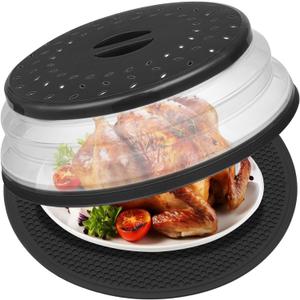 12" Microwave food Cover & Mat,Large Vented Collapsible Splatter Guard dish Plate lid & Silicone Round Kitchen mat
