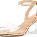 mysoft Women's Clear Heels Low Chunky Heel Open Toe Transparent Zebra Rhinestones Block Heeled Sandals Ankle Strap Shoes (Gold, 9)