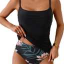 Eomenie Women's Swimsuit Tankini Tummy Control Bathing Suits Two Piece Full Coverage Slim Swim Suits with High Waisted Bottom (Medium, Black and Floral Printed)