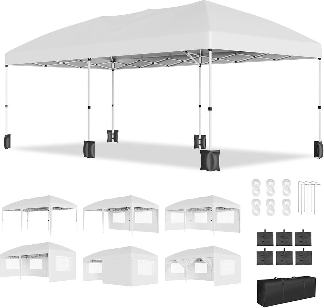 PeakPursuit 10'x20' Party Tent Heavy Duty Pop Up Canopy Commercial Canopy Wedding Tent Event Shelter with 6 Removable Sidewalls and Storage Bag for Patio Backyard Outdoor, White