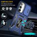 Ezanmull for Samsung Galaxy S24 FE Case with Slide Camera Cover + Screen Protector(2 Packs), Rotated Ring Kickstand Military Grade Shockproof Protective Cover for Samsung Galaxy S24 FE (Dark Blue)