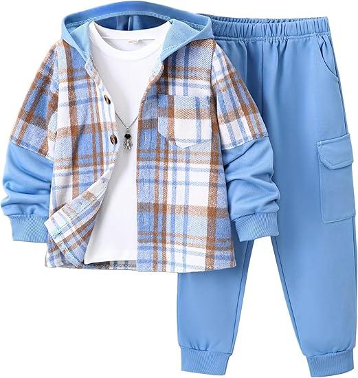 2Pcs Kids Boys Flannel Plaid Shirt Tops Pants Set Hoodie Sweatsuit for Fall Winter Spring Outfits  (9-10 Years)